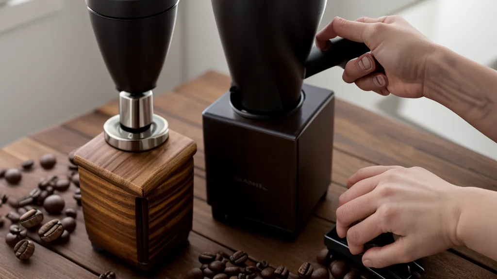 Molinillo manual de café siendo utilizado en una barra de cochera.