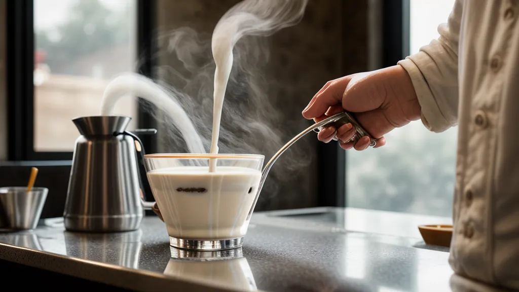 Texturizado de leche buscando el brillo sedoso para un latte art perfecto.