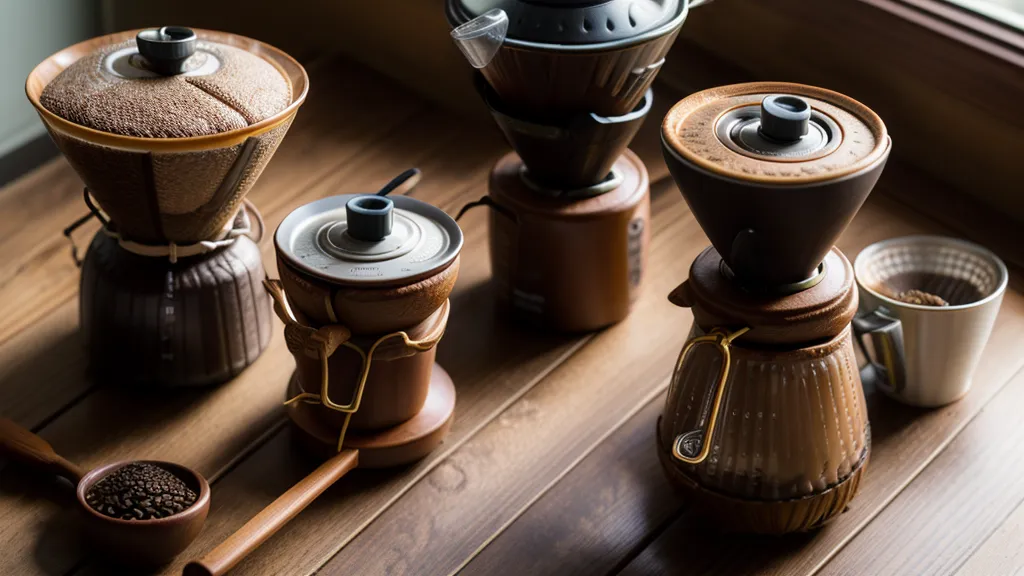 Molinillo manual y método V60 sobre una mesa de madera rústica