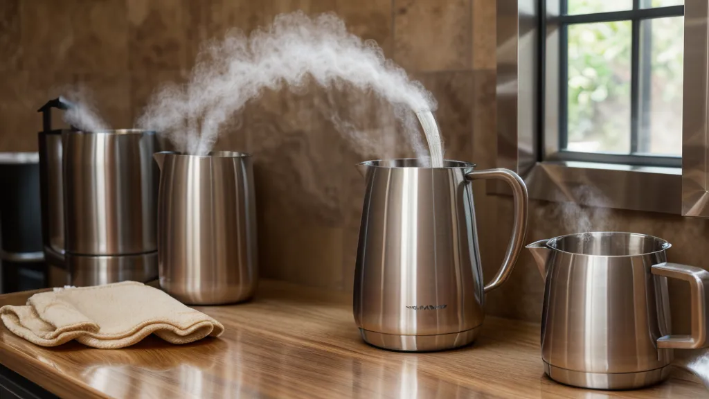 Lanceta de vapor texturizando leche con microespuma sedosa en jarra de acero