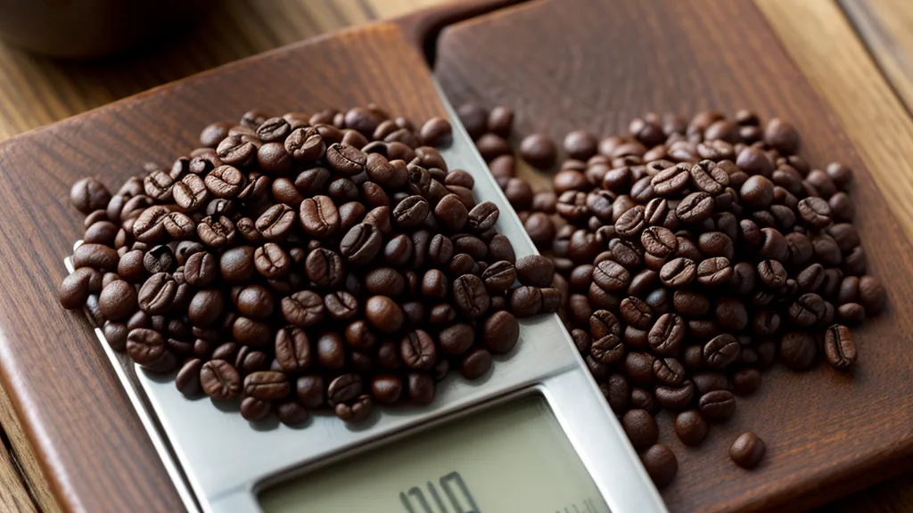 Granos de café sobre una báscula digital con libreta de notas de cata