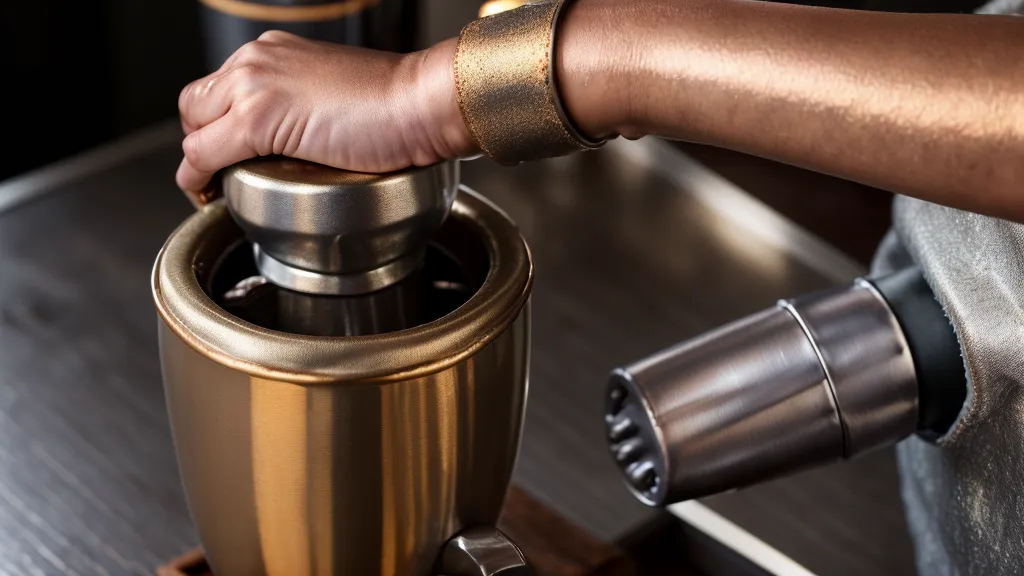 Primer plano de manos moliendo café manualmente para espresso en una cochera